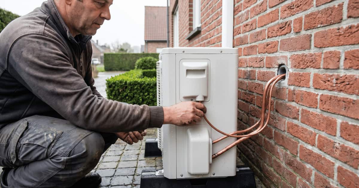 Een installateur hurkt naast een witte airco-buitenunit tegen een rode bakstenen gevel en sluit koperen koelleidingen aan die door de muur lopen.