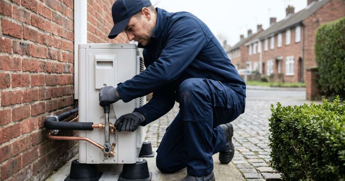 Een installateur in donkerblauwe werkkleding hurkt naast een witte airco-buitenunit tegen een rode bakstenen gevel en draait een koppeling aan op de koperen leidingen, met een kasseipad en Vlaamse rijwoningen op de achtergrond.