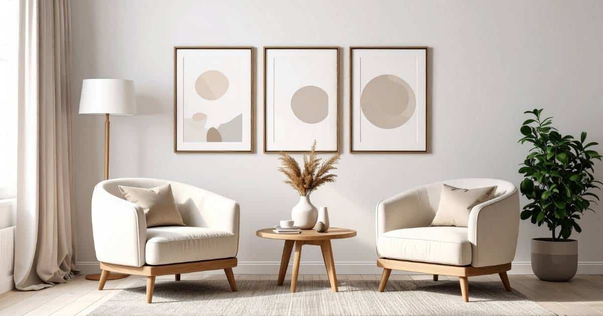 Een wit met beige living met houten vloer, grof gewoven tapijt, twee witte zeteltjes met houten onderstel, houten tafeltje en drie wit met beige schilderijen.