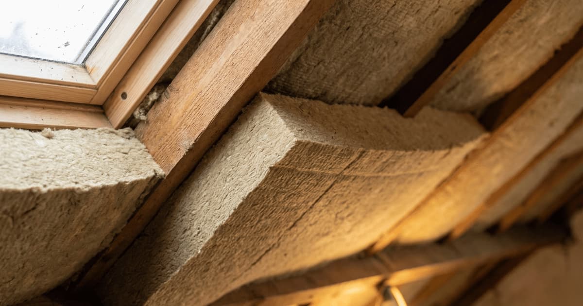 Close-up van isolatiemateriaal dat nauwkeurig is aangebracht tussen houten dakbalken in een Belgische woning.