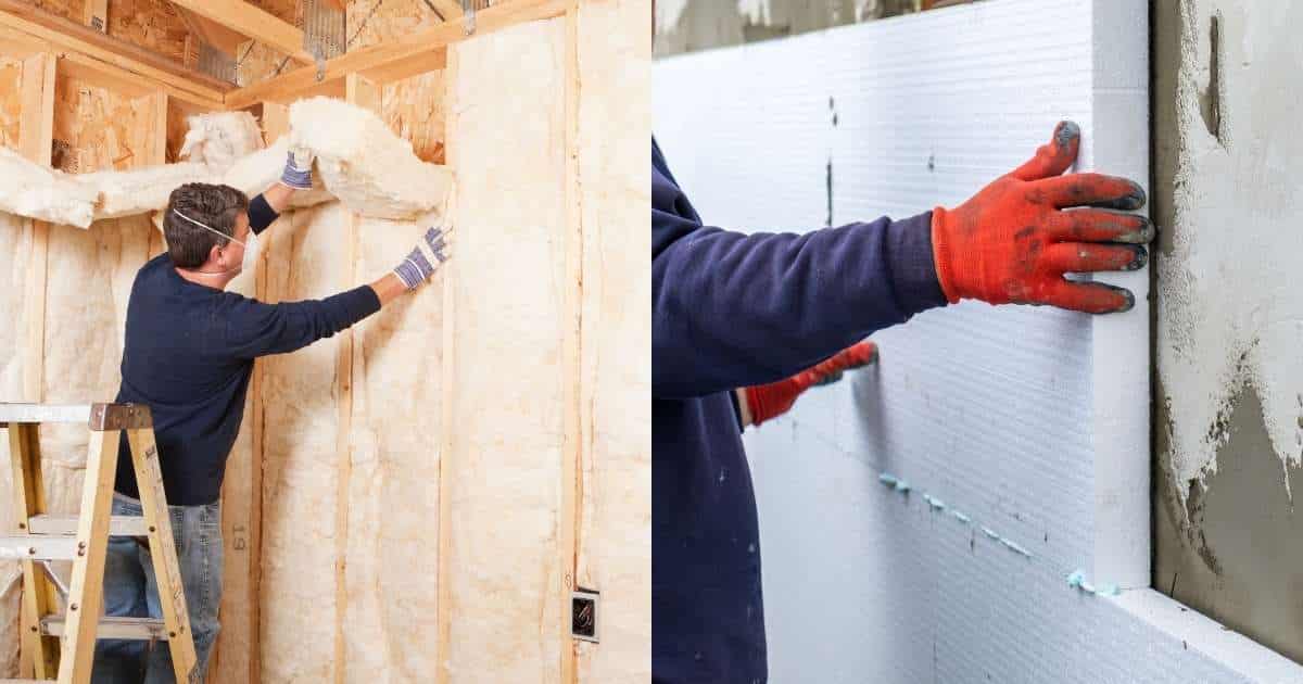 Links: een vakspecialist isoleert een binnenmuur met zachte isolatiematten die hij in een houten raamwerk plaatst. Rechts: een vakspecialist isoleert de buitenkant van een gevel met harde isolatieplaten.