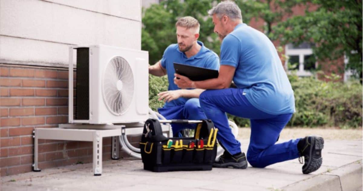 Twee installateurs bekijken een airco met een buitenunit.