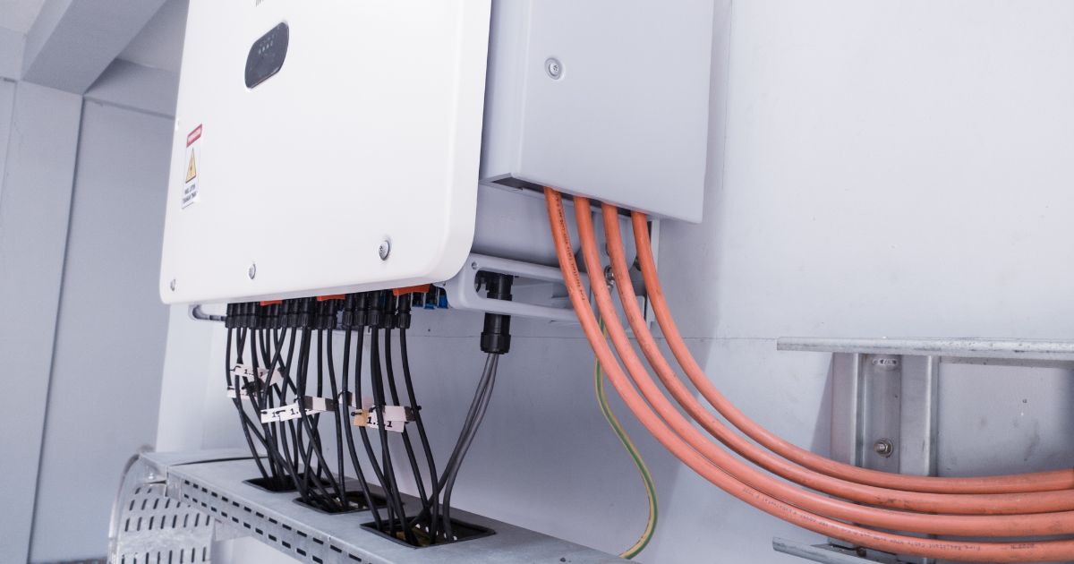 Detailbeeld van de bedrading van een thuisbatterij in een witte ruimte. Vier oranje kabels lopen van de thuisbatterij in de richting van de omvormer. Verschillende zwarte kabels komen uit de onderkant van de batterij.