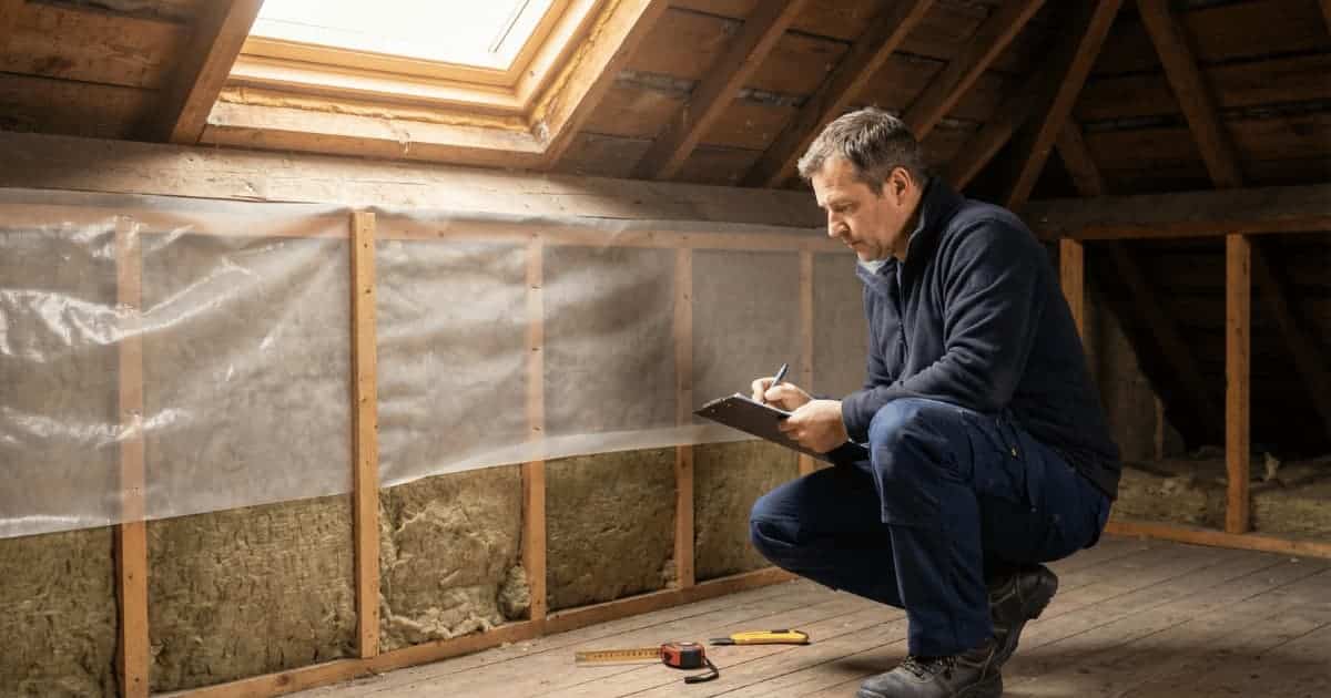 Vakman maakt kostenbeoordeling bij geplaatst dampscherm in dakstructuur van Belgische woning.