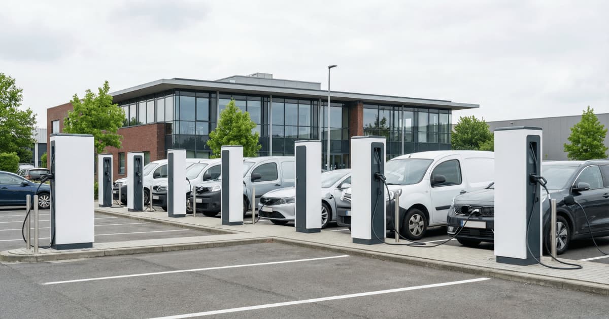 Rij laadpalen met aangesloten elektrische wagens op een bedrijfswagenpark.