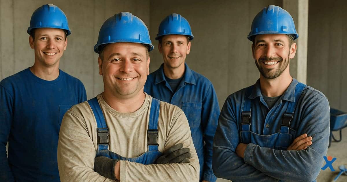 Vier chapewerkers met blauwe helmen en werkkledij poseren lachend binnen op een werf in Antwerpen, met een onafgewerkte betonnen muur op de achtergrond.