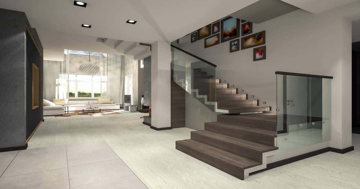 Een betonnen trap met overzetreden of trapcovers in pvc met houtlook: een stijlvolle afwerking in een minimalistisch interieur. De trap heeft een semi-transparante glazen leuning met zwarte grepen.