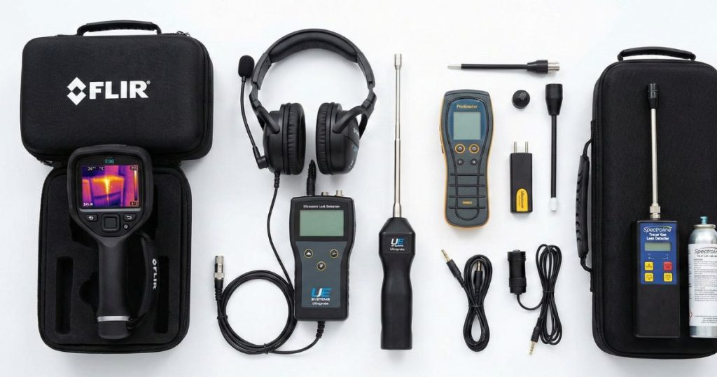 Overzicht van professionele lekdetectie apparatuur waaronder een thermografische camera, ultrasone detector, vochtmeter en traceergas