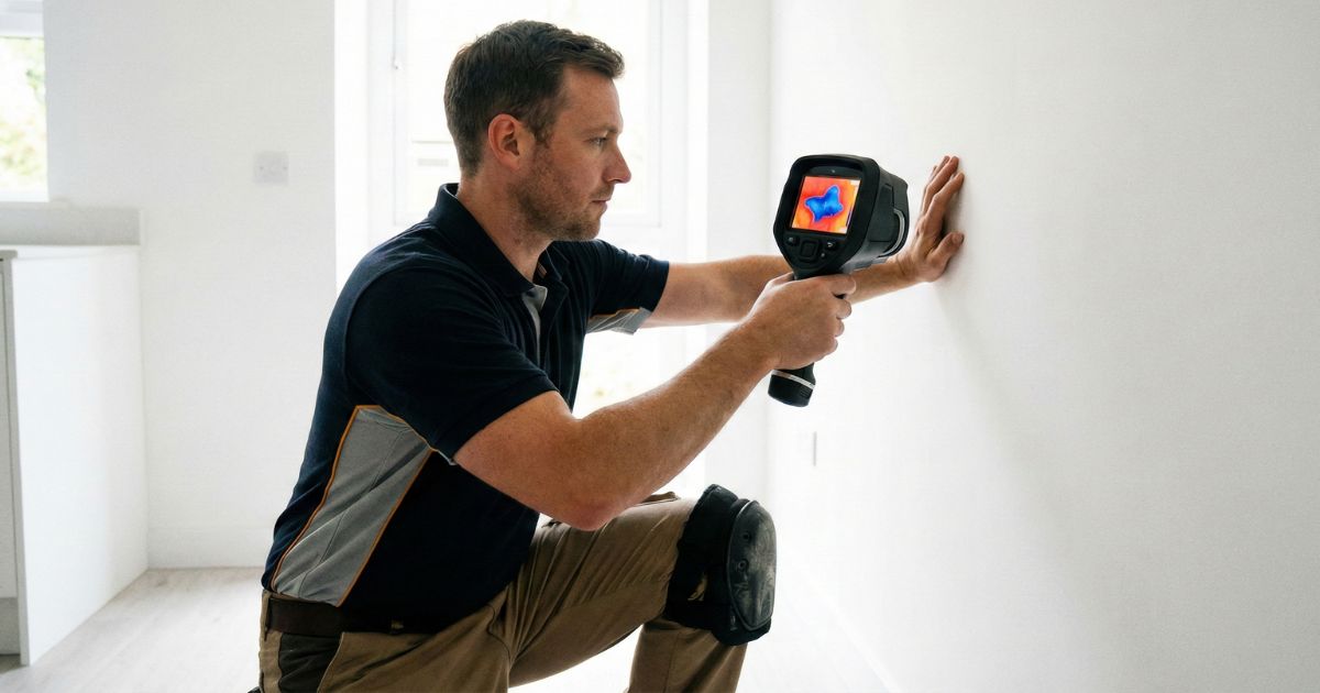 Technicus voert lekdetectie uit met een warmtebeeldcamera om een verborgen lek achter een binnenmuur op te sporen