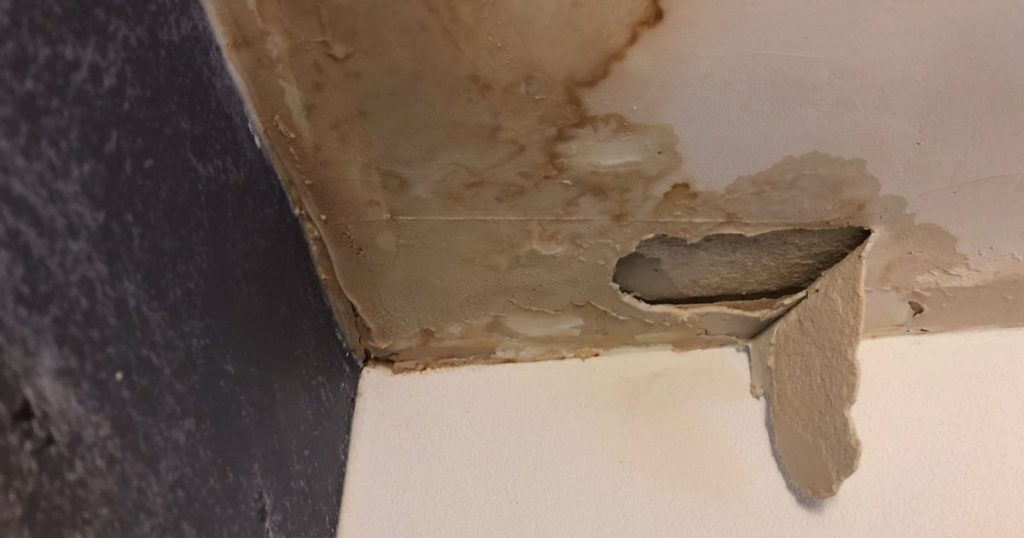 Lekkage opsporen aan plafond met vochtschade, bruine vlekken en afbladderende verf in hoek