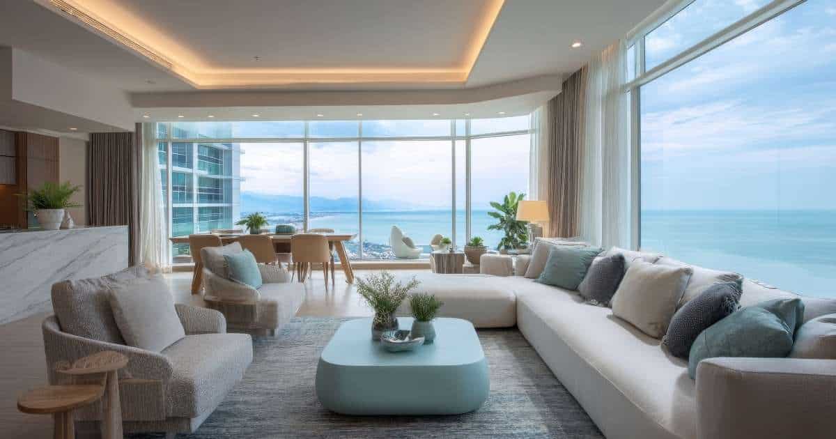 Een woonkamer met grote raampartijen die uitgeven op de zee. In de kamer staan een lange, lichtgrijze L-vormige bank met grijze, beige en blauwe kussens, een houten salontafel met afgeronde hoeken en 2 kamerplantjes, twee kleinere grijze fauteuils, en een houten tafel met 6 houten designstoelen. Aan het plafond hangt een groot infraroodpaneel met zachtgele verlichting. Boven de eettafel hangen kleine, zachtgele spotjes.