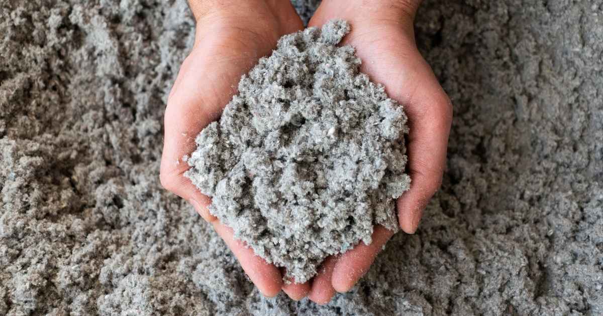 Twee handen met isolerende cellulosevlokken.