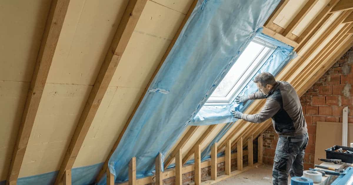 Vakman brengt luchtdicht dampscherm aan op isolatielagen in een Belgische woning tijdens renovatie.