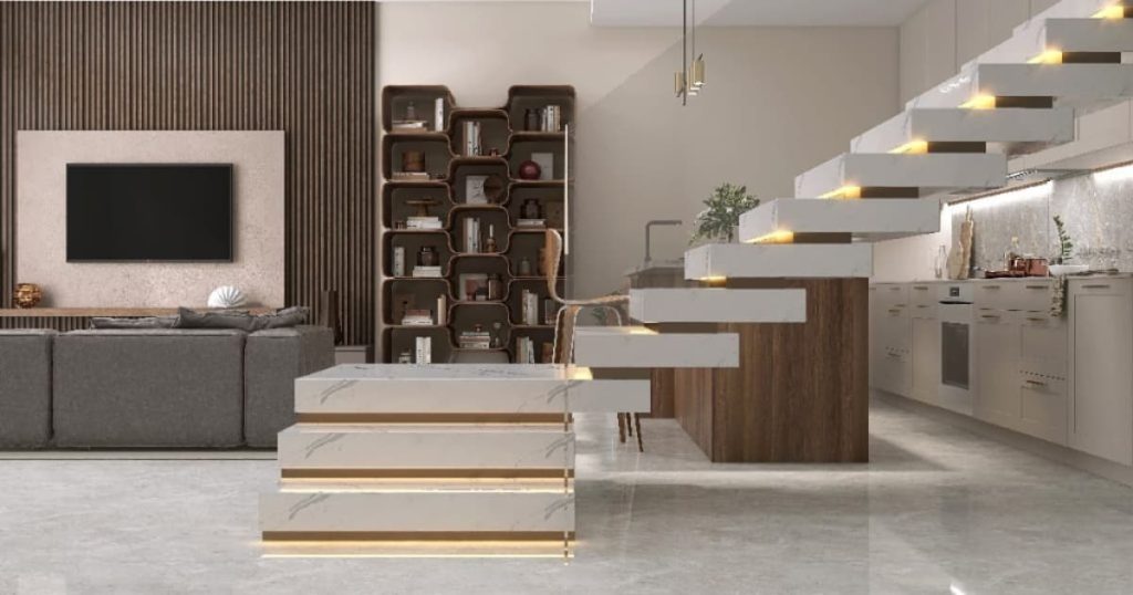 Een luxueuze trap met marmerfolie in een strak en modern interieur. De keuken en living lopen in deze ruimte naadloos in elkaar over. 