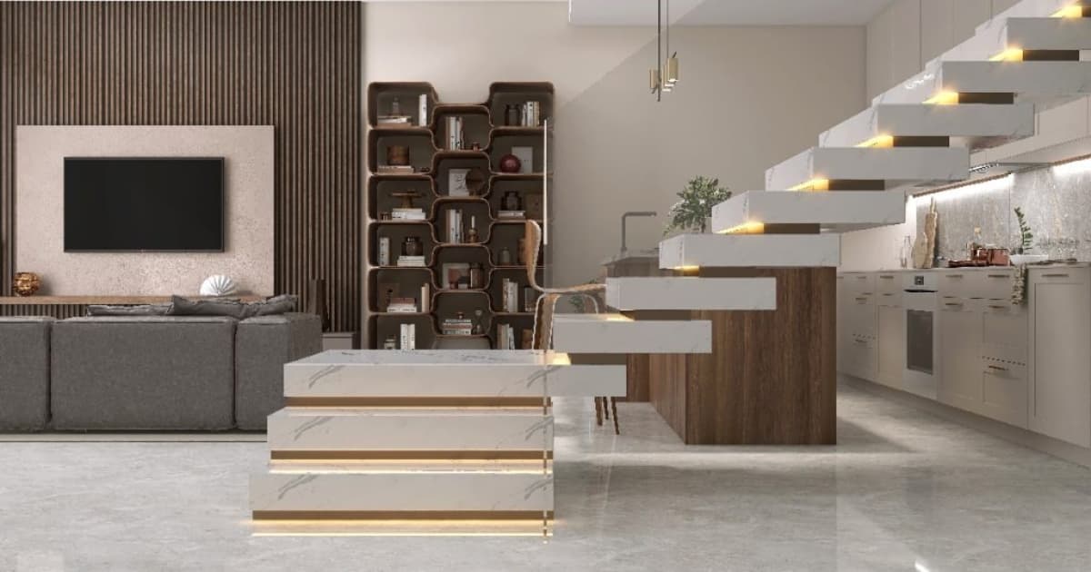 Een luxueuze trap met marmerfolie in een strak en modern interieur. De keuken en living lopen in deze ruimte naadloos in elkaar over. 