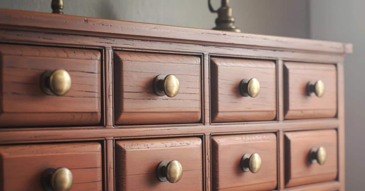 Een houten ladekast in antieke stijl, met een veelheid aan kleine lades voorzien van koperen kastknoppen.