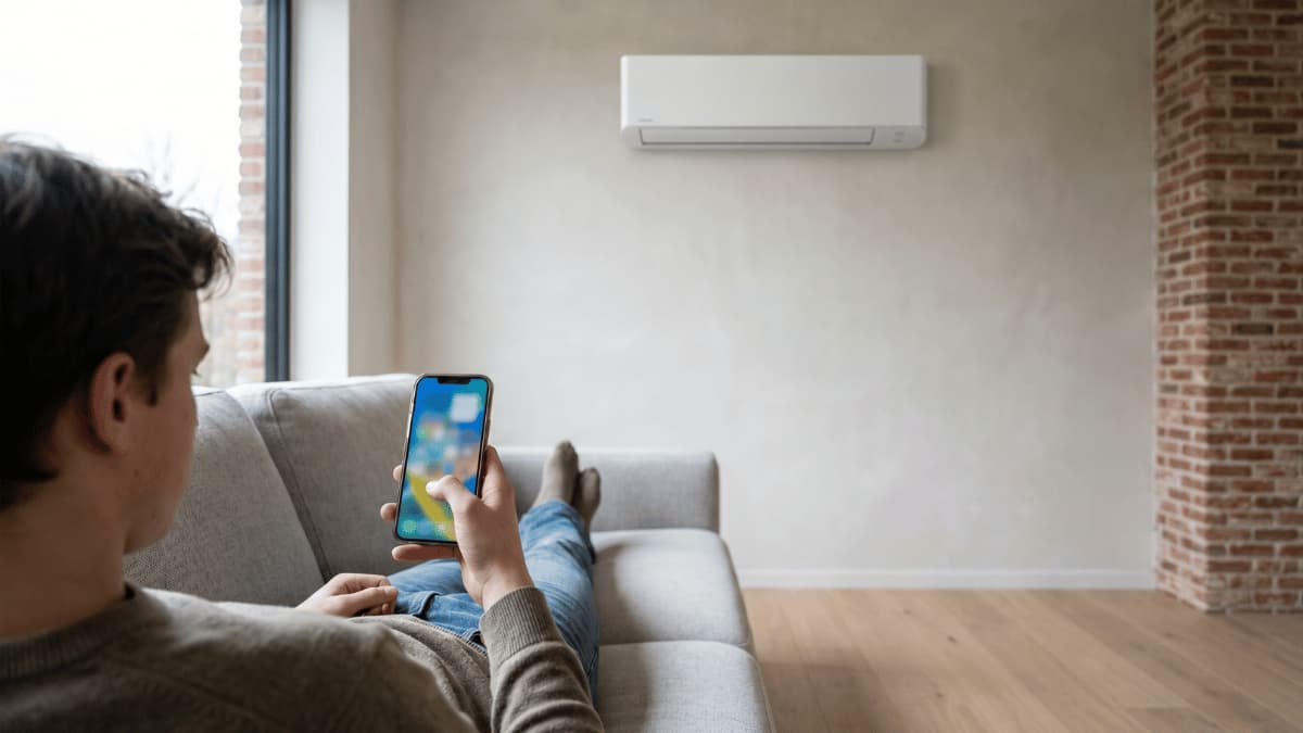 Een jonge man zit ontspannen op een grijze bank en bedient via een smartphone-app de witte wandairco die aan de muur met zichtbaar baksteenaccent hangt in een moderne woonkamer met houten vloer en natuurlijk daglicht.