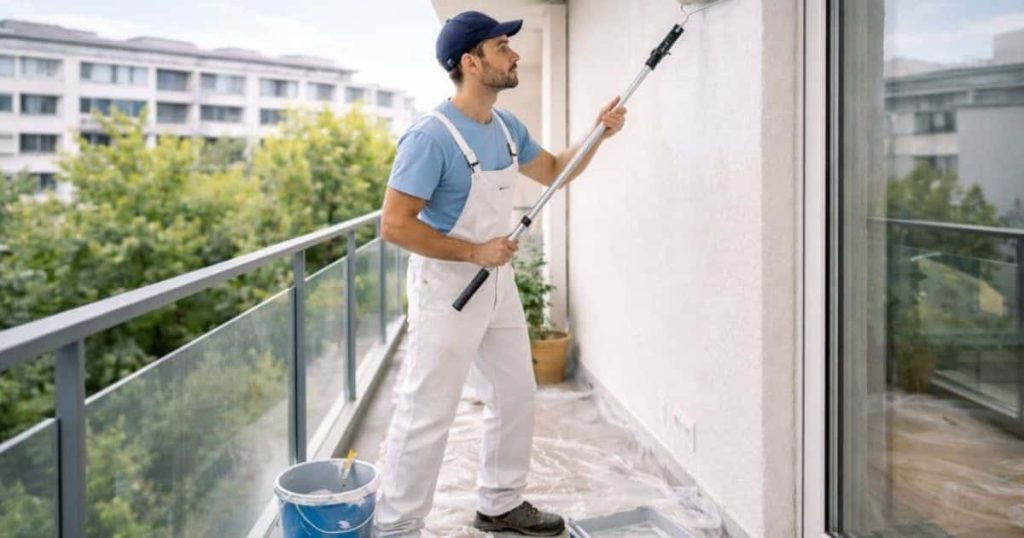 Een man herschildert een buitengevel met een verfroller vanop een terras. Zo behoudt de gevel haar frisse uitstraling. In de blauwe emmer naast hem zit een extra roller. Of is het misschien een verfborstel.