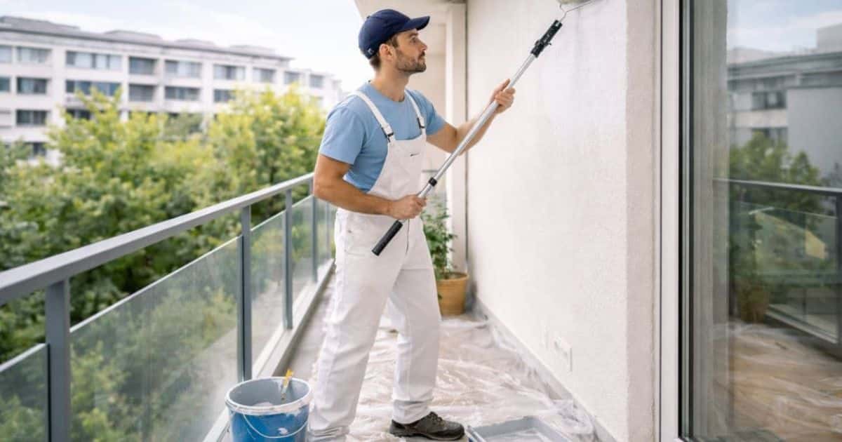 Een man herschildert een buitengevel met een verfroller vanop een terras. Zo behoudt de gevel haar frisse uitstraling. In de blauwe emmer naast hem zit een extra roller. Of is het misschien een verfborstel.