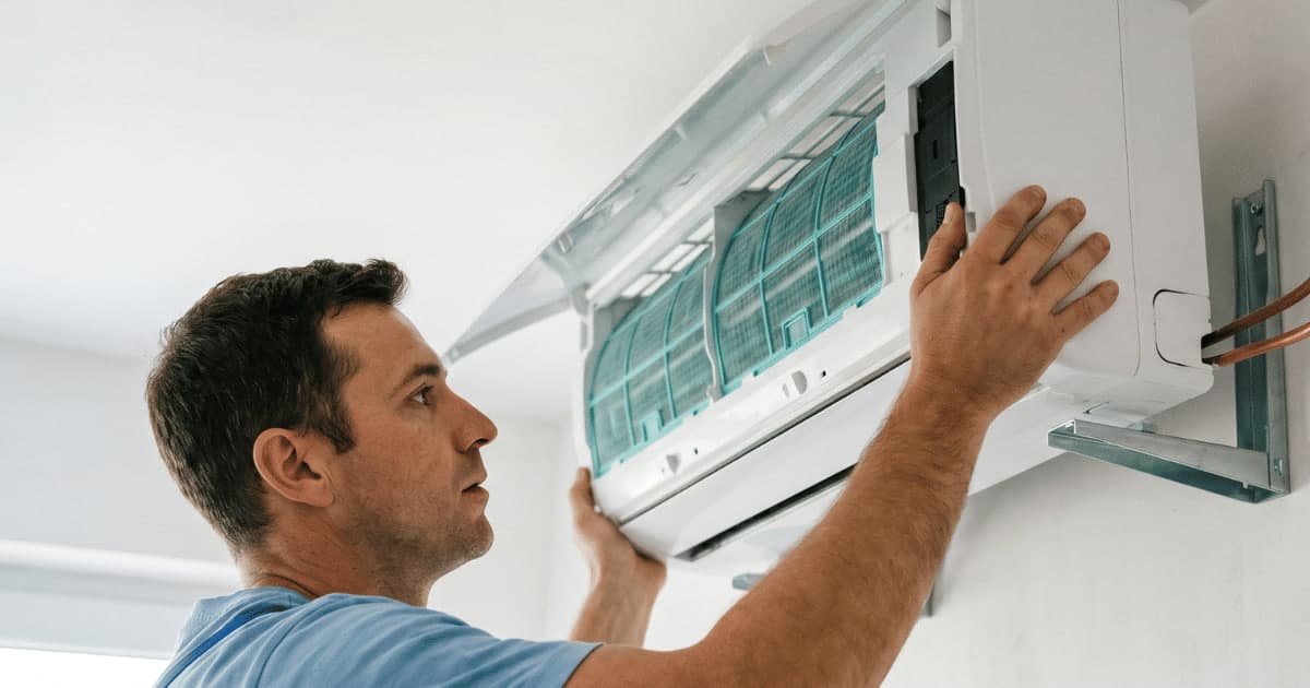 Een man in een lichtblauw t-shirt opent het frontpaneel van een witte airco-binnenunit en controleert de turquoise stoffilters terwijl aan de zijkant koperen leidingen zichtbaar zijn.