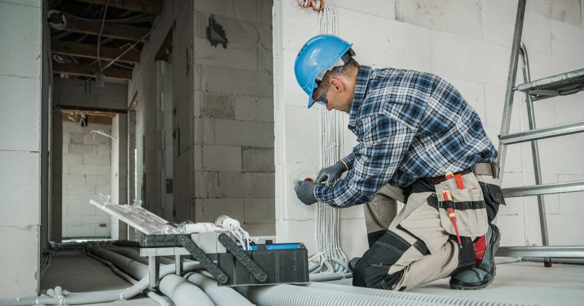 Een elektricien werkt aan de elektrische installatie van een nieuwbouwwoning.