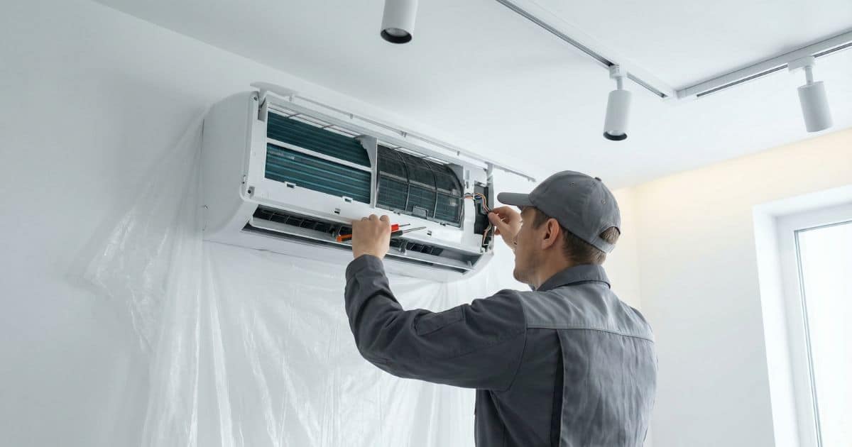 Technicus in grijs werkpak voert onderhoud uit aan een split airco binnenunit met geopend frontpaneel en zichtbare filters