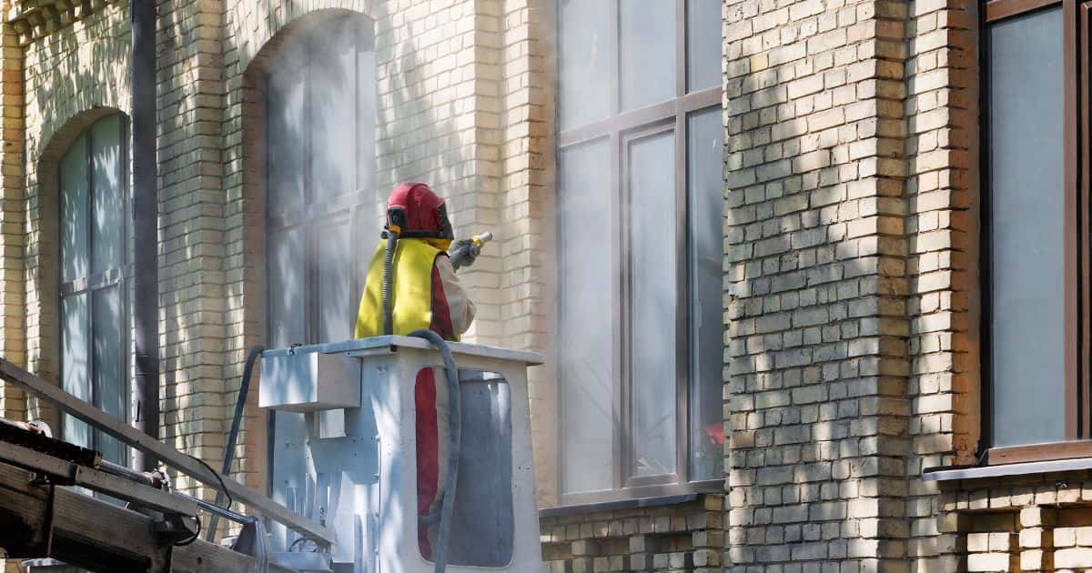 Een persoon in rood werkpak met rode helm en geel veiligheidsvestje houdt een zandstraalpistool vast dat hij richt op een gevel in lichte bakstenen. De grote houten ramen zijn afgeplakt met donkere, beschermende folie.