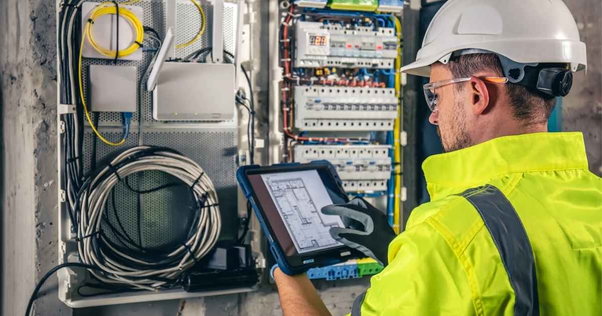 Een man met witte veiligheidshelm en fluovest bekijkt een situatieplan of eendraadschema op een tablet. Hij staat voor een geopende meterkast.