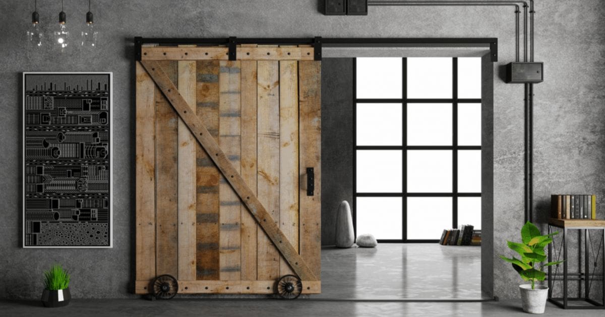 We zien een kamer in een huis met een industriële look. Een houten schuifdeur met wielen staat open.