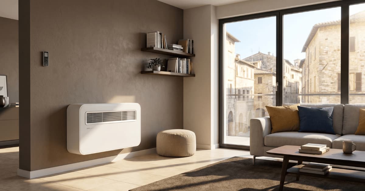 Een witte monoblock airco met horizontaal ventilatierooster hangt laag aan een taupe muur in een moderne appartementswoonkamer met een beige zitbank, grote schuiframen en warm zonlicht dat naar binnen valt.