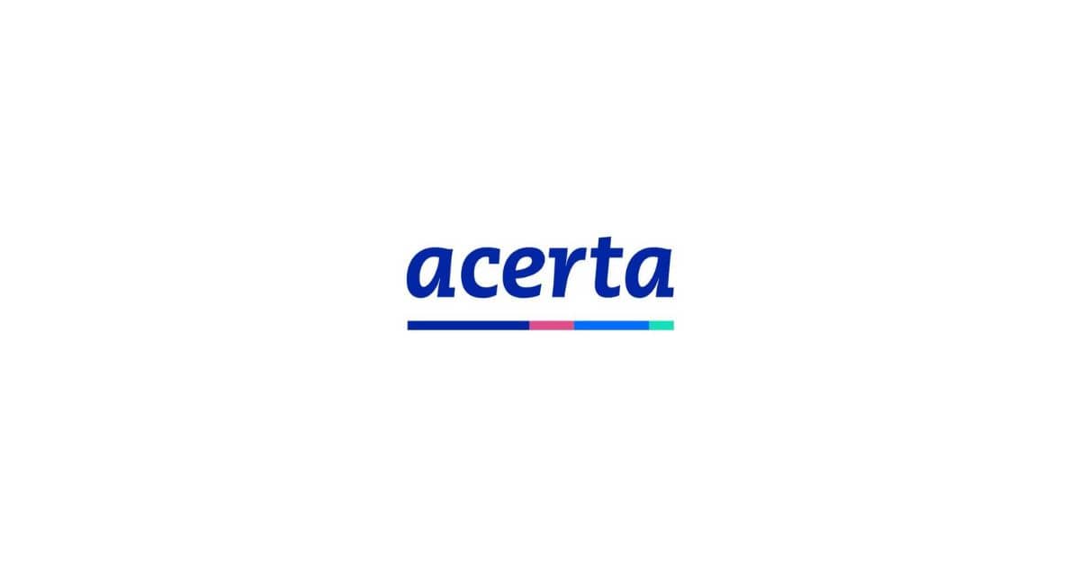 Het blauwe logo van het sociaal secretariaat Acerta, met streep met blauw-roze-groene accenten