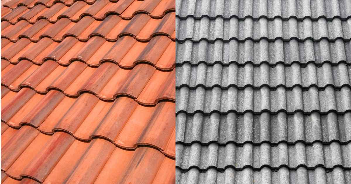 Links: oranje keramische dakpannen. Rechts: grijze betonnen dakpannen.