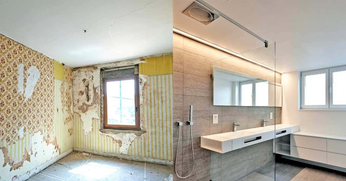 Links: een deels gestripte ruime met raam en oud behangpapier in een oud pand. Rechts: dezelfde ruimte na een grondige badkamerrenovatie, voorzien van een lang, zwevend aanrechtblok met twee lavabo's, een douche met glazen wand, en een nieuw raam.