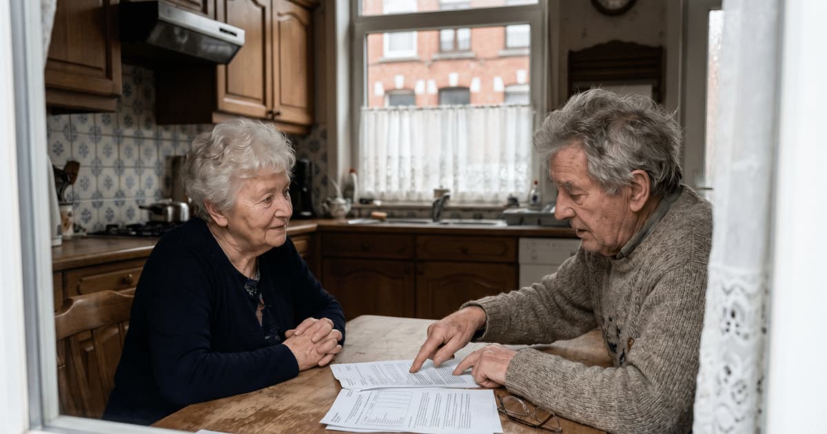 Een ouder koppel bespreekt verzekeringsdocumenten aan een houten keukentafel in een traditionele Belgische keuken met bakstenen rijwoningen zichtbaar door het raam.