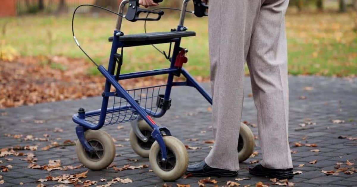 Benen van een persoon met blauwe rollator op een betegeld terras naast een grasveld met herfstbladeren.