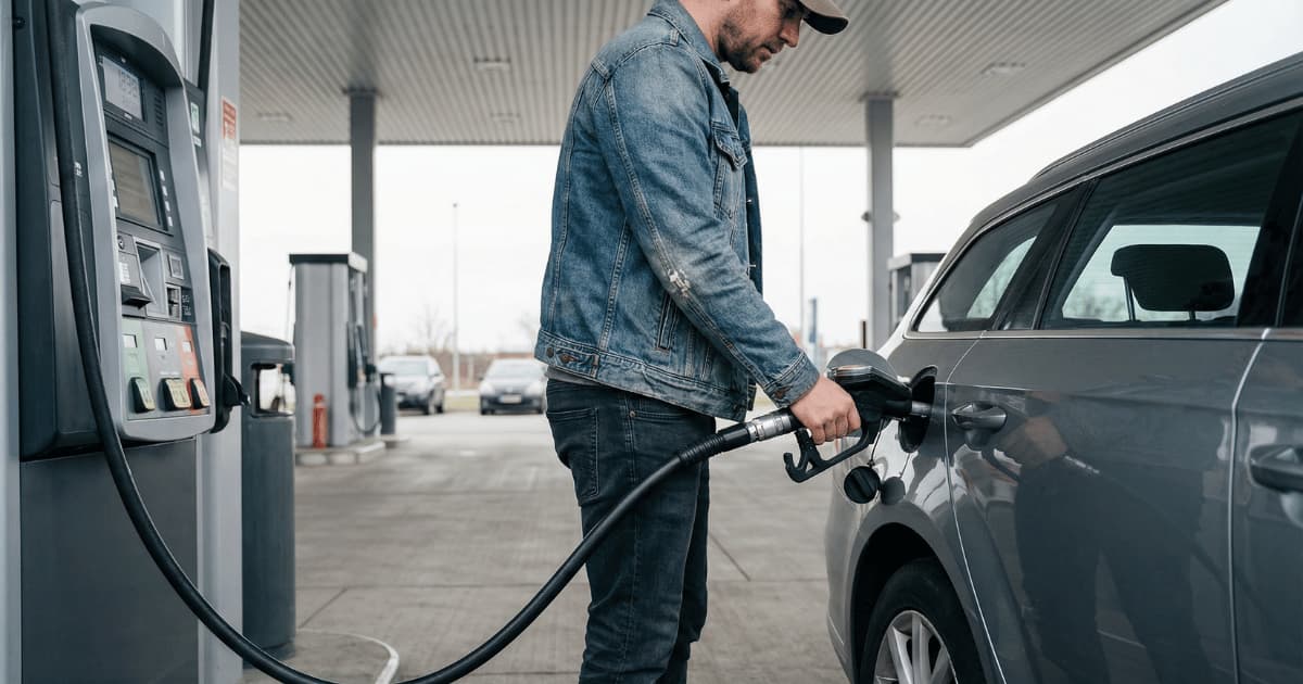 Persoon tankt een auto bij aan een modern tankstation.