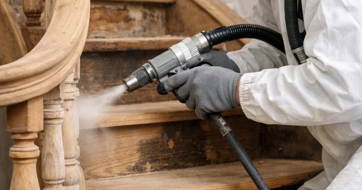 Een persoon in wit pak en met grijze handschoenen richt een luchtgompistool op de pilaar van een houten trap. De trapleuning en een aantal andere pilaren zijn al onder handen genomen.