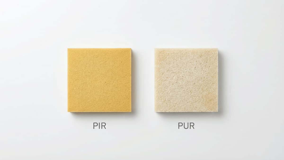 Bovenaanzicht van twee isolatiematerialen naast elkaar op een witte achtergrond: links een goudgeel PIR-plaat en rechts een lichtbeige PUR-plaat, elk met hun naam eronder.