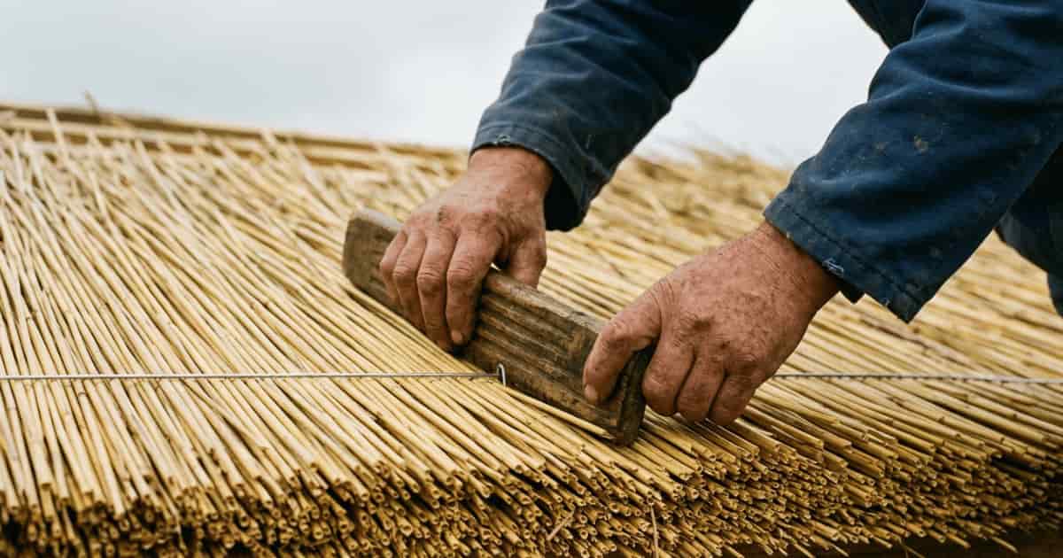 Twee handen van een rietdekker kloppen goudkleurige rietstengels strak aan met een houten dekspaan terwijl een stalen bevestigingsdraad over het rietpakket loopt.