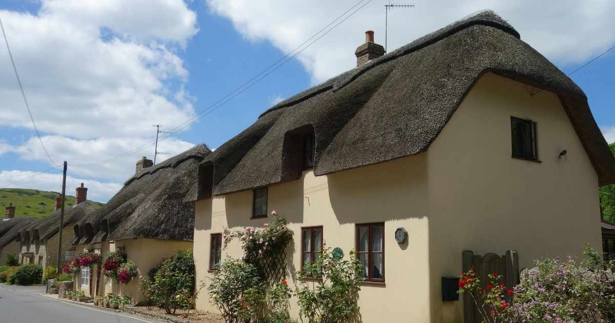 Ruime woning met gele gevels en een donker rieten dak met wolfseinde. Verder in de straat liggen gelijkaardige woningen.