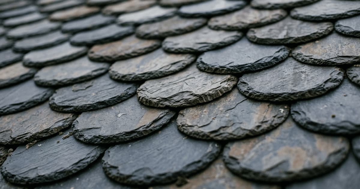 Ronde natuurleien met afgeronde randen liggen in een overlappend visschubpatroon op een dak en tonen de donkere antraciet tot blauwgrijze tinten en de ruwe gelaagde textuur van het leisteen.