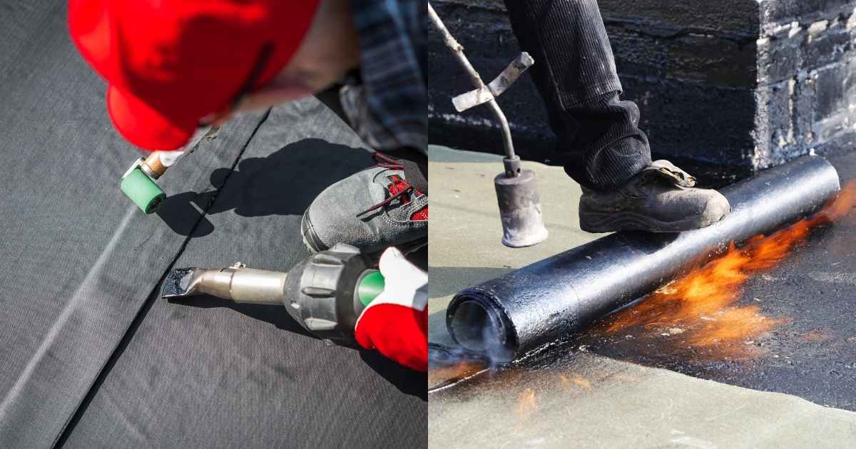 Links: een dakwerker dicht de naden tussen 2 stroken EPDM dakbedekking. Hij draagt rode werkhandschoenen en een rode pet. Rechts: een dakwerker brandt roofing op een dak met een gasbrander.