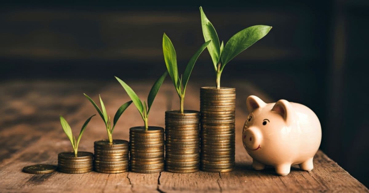 Een glimlachend roze spaarvarken staat op een donkerhouten tafel. Rechts van het spaarvarken zijn 6 stapels met centen, gaande van hoog naar laag. Op de 5 stapels het dichtst bij het spaarvarken groeien plantjes.