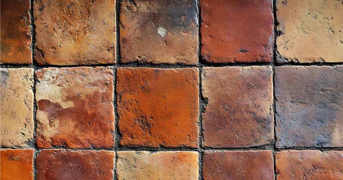 Kleine, vierkante terracotta tegels in gele, oranje, rode, bruine en grijze tinten.