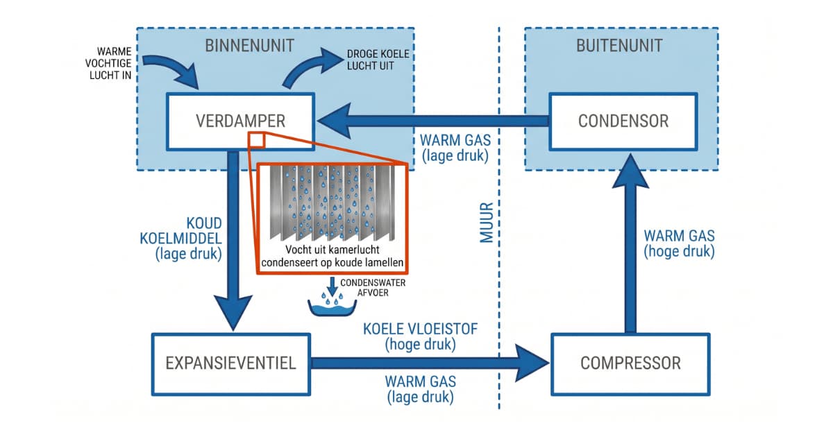Een technisch schema toont het gesloten koelmiddelcircuit van een airco met de vier componenten verdamper, compressor, condensor en expansieventiel, waarbij een callout de condensvorming op de koude lamellen van de verdamper uitlicht en de scheiding tussen binnenunit en buitenunit door een muurlijn wordt aangegeven.