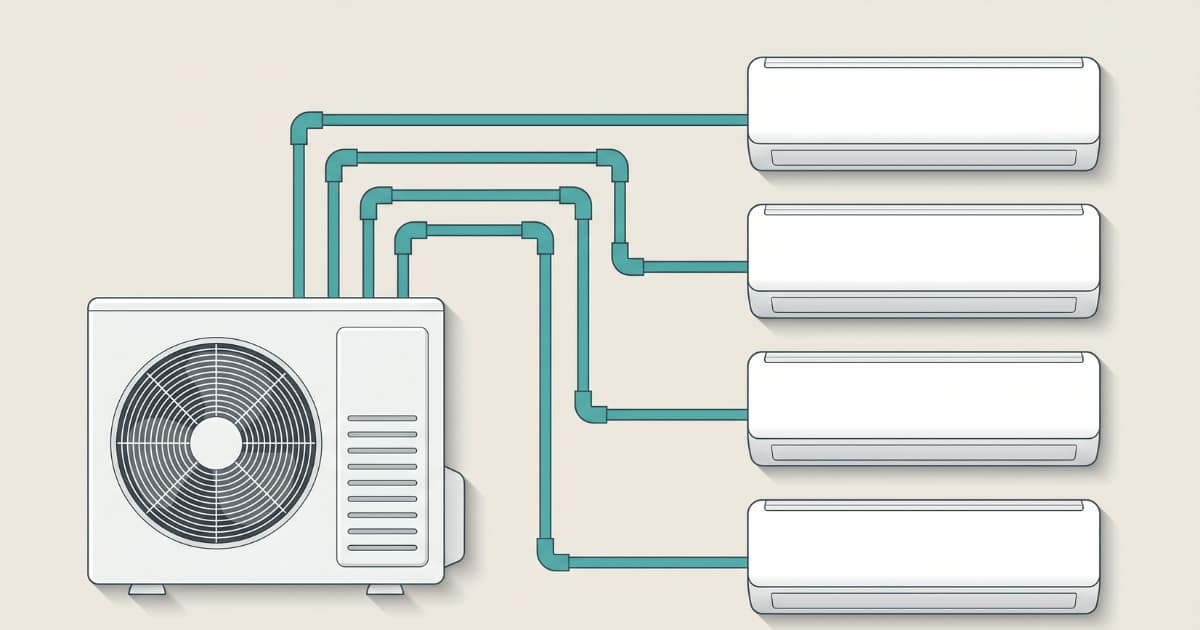 Illustratie van een multi-split aircosysteem waarbij één buitenunit via vier groene koelleidingen verbonden is met vier identieke witte wandmodel binnenunits.