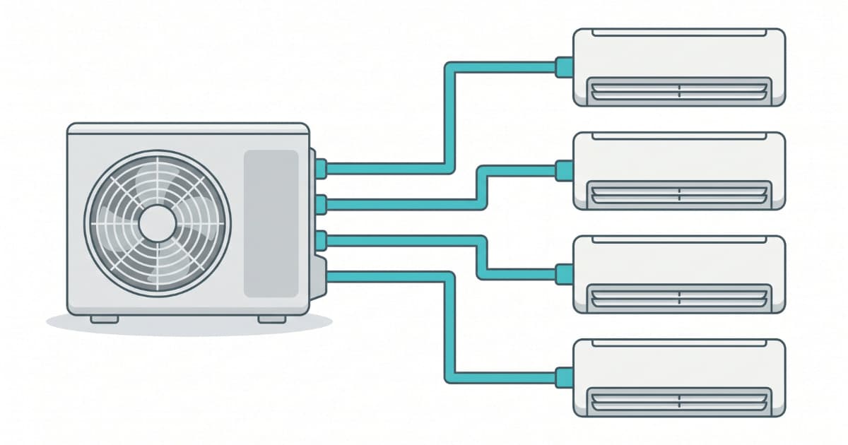 Schematische illustratie van een multisplit-aircosysteem waarbij één buitenunit links via vier turquoise leidingen verbonden is met vier identieke wandgemonteerde binnenunits rechts.
