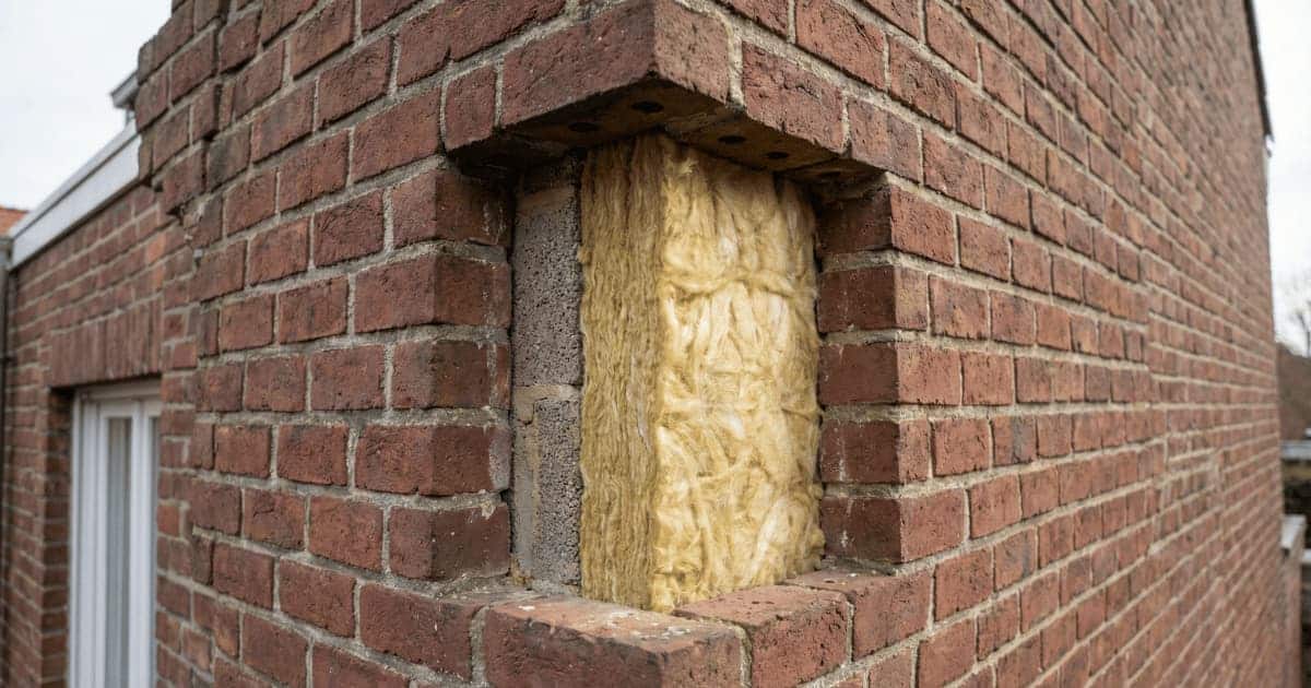 Doorsnede van een Belgische bakstenen spouwmuur met glaswol isolatie volledig aangebracht in de spouw, zichtbaar tussen de binnen- en buitenmuur.