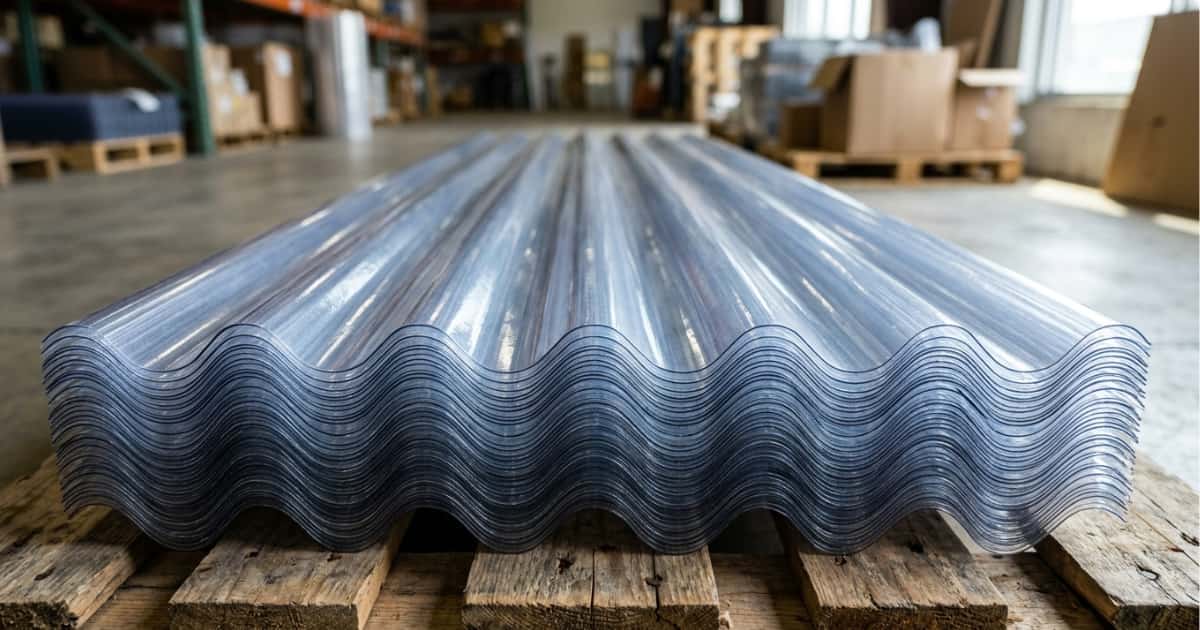 Een stapel doorzichtige polycarbonaat golfplaten ligt op een houten pallet in een magazijn waarbij het gelaagde golvende profiel scherp zichtbaar is aan de voorrand en de gladde transparante platen het omgevingslicht weerkaatsen terwijl stellingen en dozen vaag zichtbaar zijn op de achtergrond.