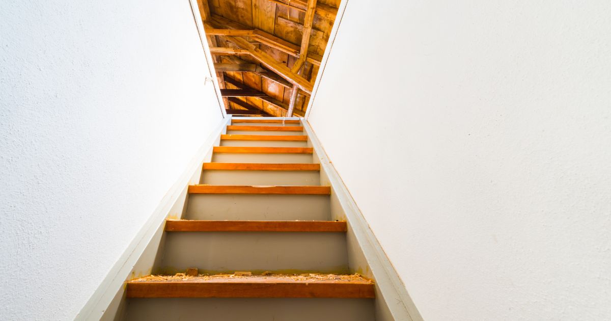 Steektrap naar een zolderruimte: witte stootborden en houten traptreden. Heel zichtbaar is het houten dakgebinte.